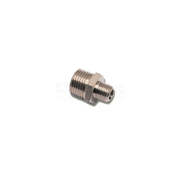 Dubbele nippel Legris 0900-13-17 1/4BSP-3/8BSP CuZn-Ni.